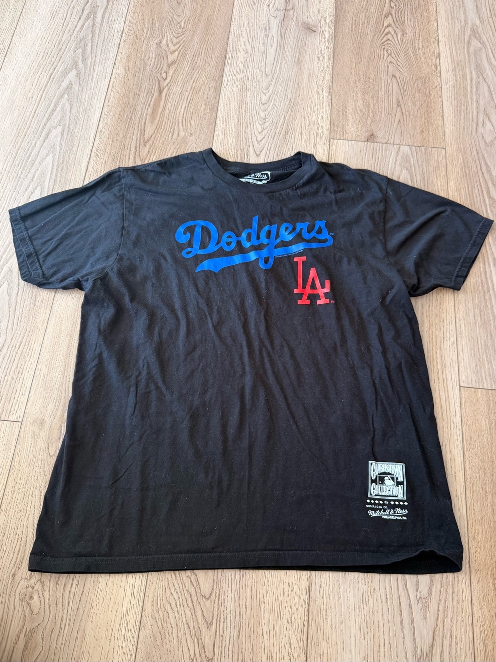 Mitchell & Ness Black Dodgers Graphic T-Shirt with Blue Script and Red LA